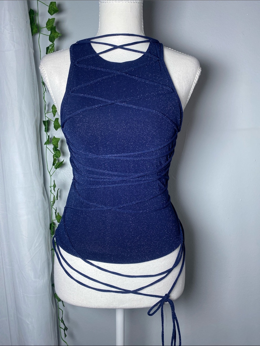 White Fox Boutique Navy Crisscross Halter Tank